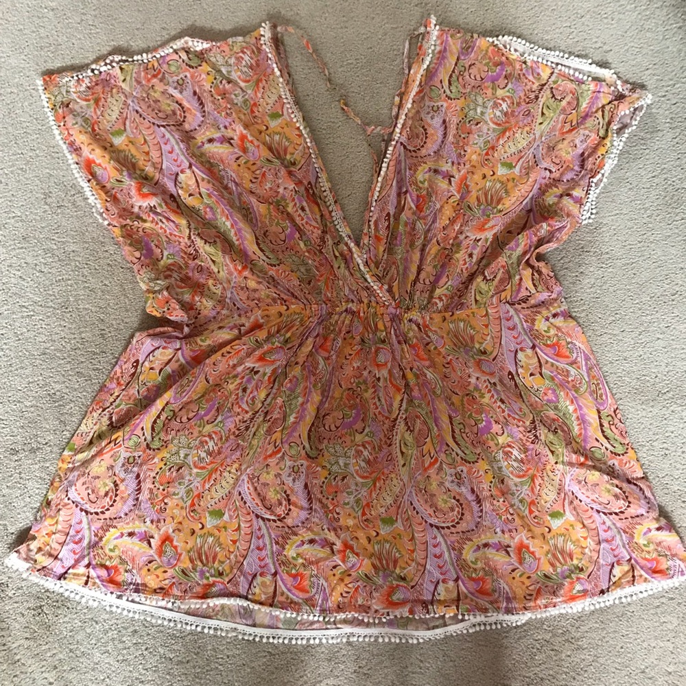 VS SWIM COVERUP COLD SHOULDER GATHERED WAIST TASSEL ORANGE PAISLEY SM